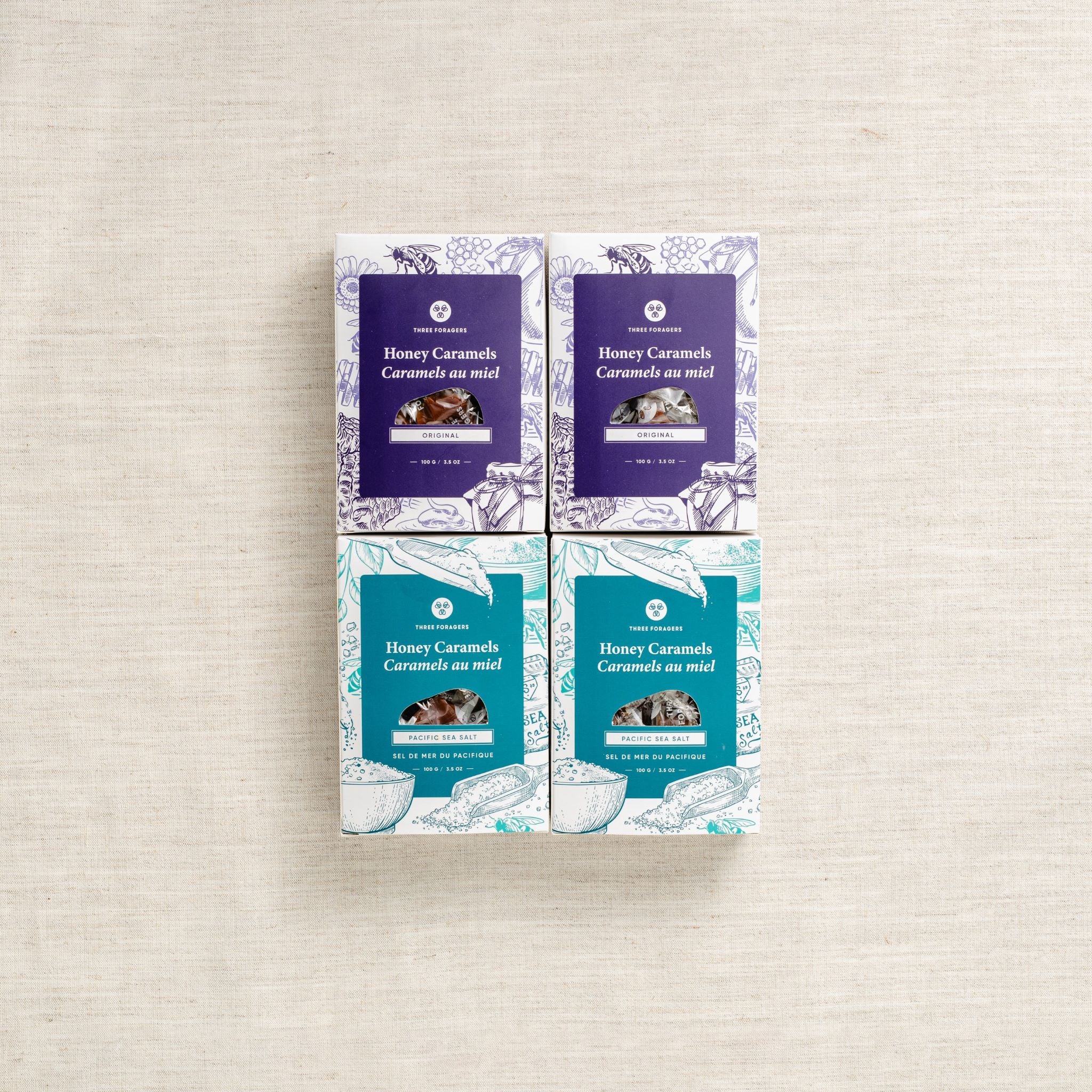 (Top row) Two boxes of Three Foragers Original Honey Caramels
(Bottom row) Two boxes of Three Foragers Sea Salt Honey Caramels