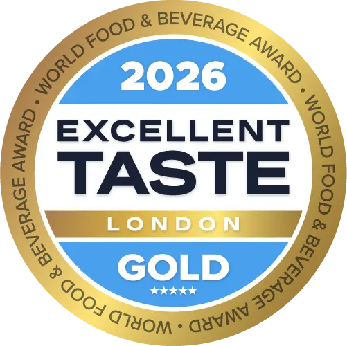 Gold medal with 'Excellent Taste' text and '2026 London' on a white background.