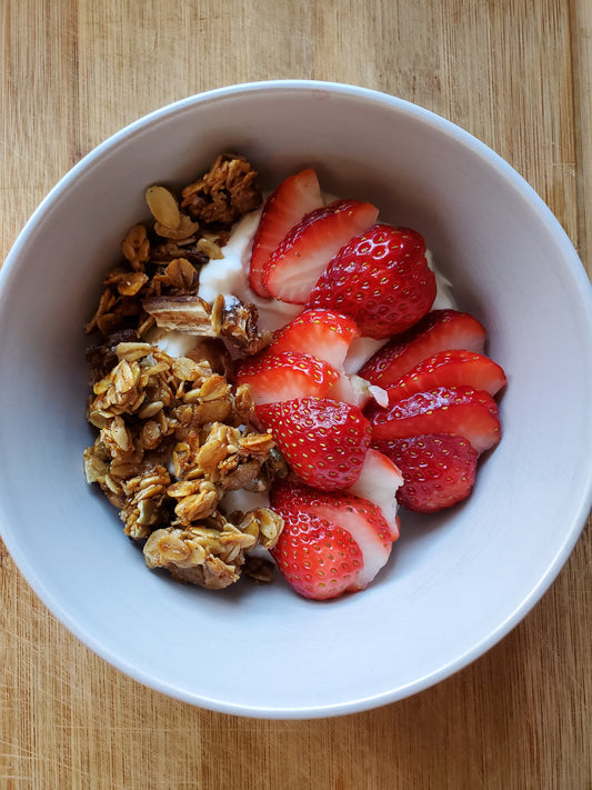 Healthy Honey granola with yogurt and strawberries