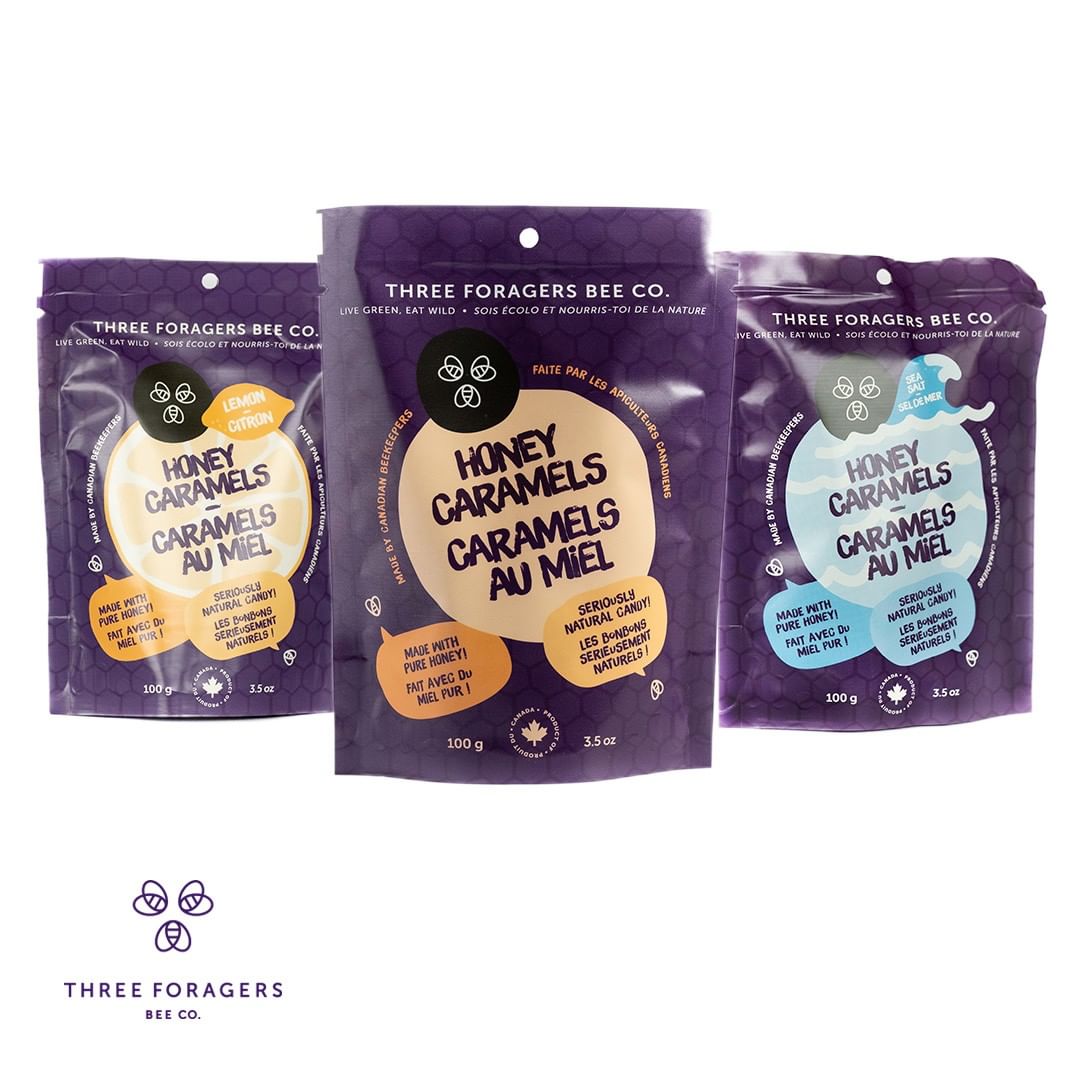 Three different flavours of Three Foragers Honey Caramels