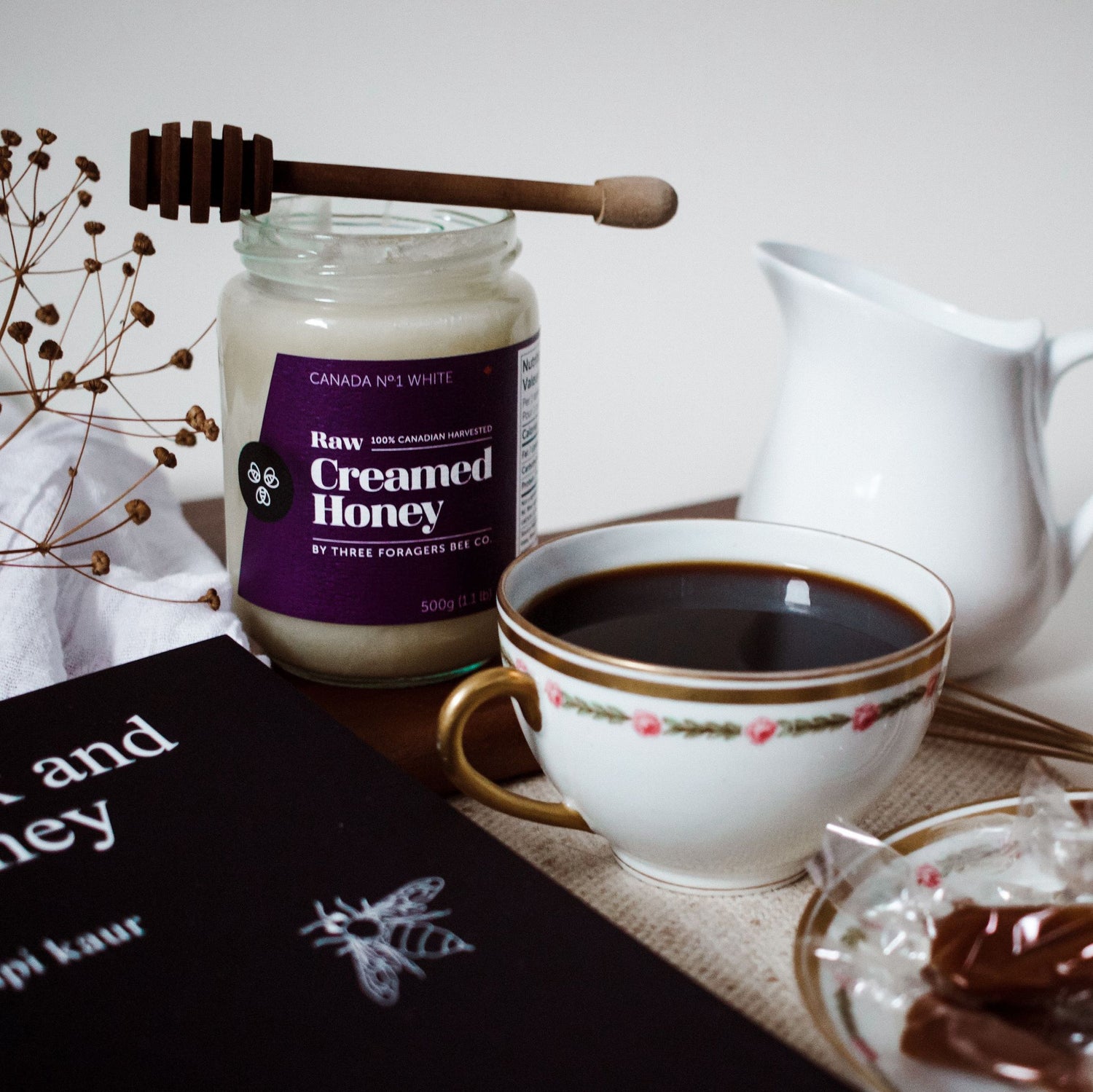 Three Foragers Raw Honey and a cup of coffee